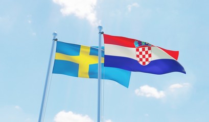 Croatia and Sweden, two flags waving against blue sky. 3d image