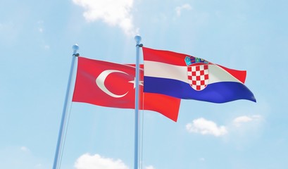 Croatia and Turkey, two flags waving against blue sky. 3d image
