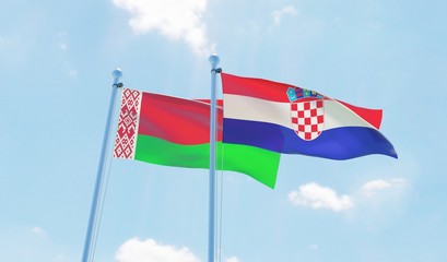 Croatia and Belarus, two flags waving against blue sky. 3d image