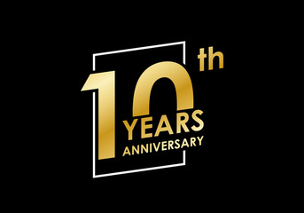 10 years Anniversary logo. 10th Birthday golden badge. Modern icon or label design for wedding, corporate invitation, celebrating, party, business event. Vector illustration.