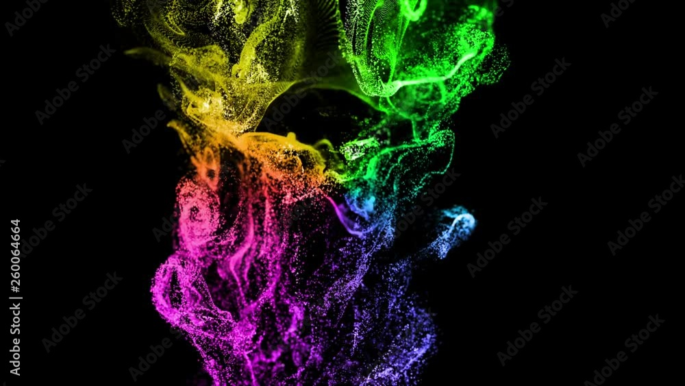Poster 4k glow particles move in a stream of liquid in front of the camera in slow motion. 3d ink effect fo