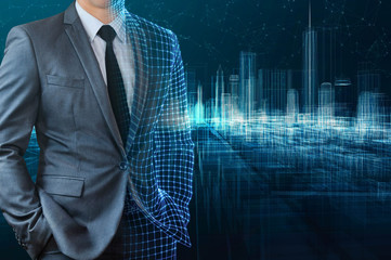 businessman standing with digital cityspace background