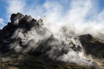 Iceland geothermal zone - area in mountains with hot springs. Cracks in mountains with hot steam.Tourist and natural attractions.