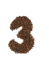 Number three lined with coffee on white background