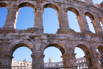 Roman amphitheater Pula. Arena ancient Roman times. Architecture Croatia.