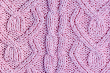 Pink knitting with ribbons close-up. Blank background for layouts with knitted texture. Light photo.