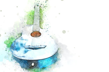 Abstract acoustic guitar on green grass on watercolor illustration painting background. - obrazy, fototapety, plakaty