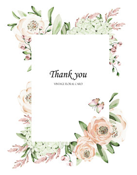 Floral frame with pink roses and decorative leaves. Watercolor Invitation design. Background to save the date.Greeting cards with pink flowers.