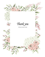 Floral frame with pink roses and decorative leaves. Watercolor Invitation design. Background to save the date.Greeting cards with pink flowers. - 260067691