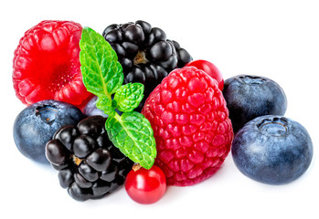 Berry mix isolated on a white background. Various fresh berries with mint  leaf. Raspberry,...