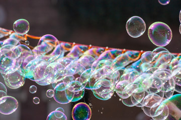 Farbenfroh schillernde Seifenblasen leuchten und glitzern im Sonnenschein