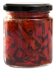 Canned roasted sweet peppers. Isolated over white background