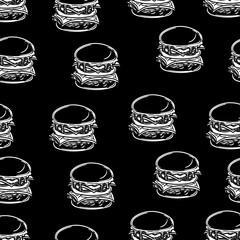 Seamless black and white pattern of burgers.