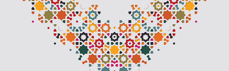 Arabic arabesque design greeting card for Ramadan Kareem, Islamic ornamental colorful detail of mosaic