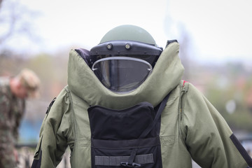 Details of a EOD (Explosive Ordnance Disposal) military protective costume