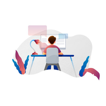 Man working at the computer, vector flat illustration of programmer, business analyst, designer, manager