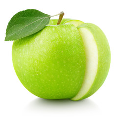 Ripe green apple with green leaf and slice isolated on white background with clipping path