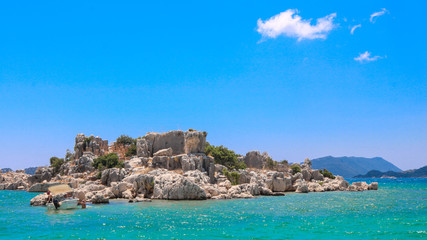 Fototapeta na wymiar Kekova islands, next to Antalya, Turkey. Shoot from a boat in July 2018