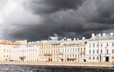 Fototapeta na wymiar Saint Petersburg, Russia - September 11, 2018: View of the historical pakaces and buildings of Kutuzov Embankment from the Neva River