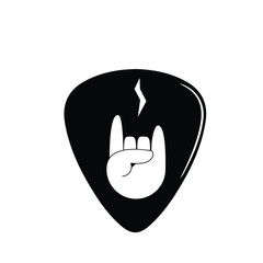 Mediator black rock goat, sign with hand, swith string, guitar playing, rock music. Logo for the music group, band. Isolated on white background, vector.