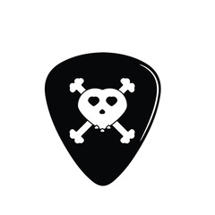 Mediator black with a skull, with string, guitar playing, rock music. Logo for the music group, band. Isolated on white background, vector.