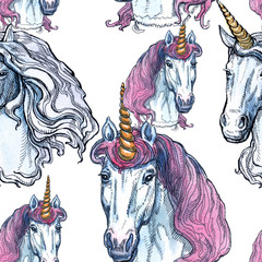 Unicorn. Seamless pattern on a white background. Fairy-tale character. Basis for design