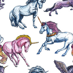 Unicorn. Seamless pattern on a white background. Fairy-tale character. Basis for design