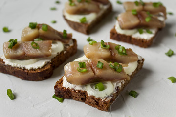 smorrebrod with onions, herring and homemade rye bread traditional Danish food on a light background.