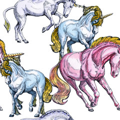 Unicorn. Seamless pattern on a white background. Fairy-tale character. Basis for design