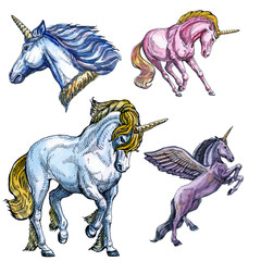 Unicorn. Seamless pattern on a white background. Fairy-tale character. Basis for design