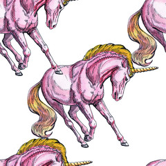 Unicorn. Seamless pattern on a white background. Fairy-tale character. Basis for design