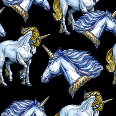 Unicorn. Fairy-tale character. Watercolor, feather. Seamless pattern. Beautiful drawing for children.