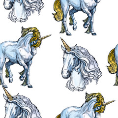 Unicorn. Fairy-tale character. Watercolor, feather. Seamless pattern. Beautiful drawing for children.