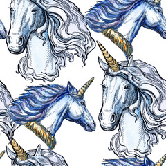 Unicorn. Fairy-tale character. Watercolor, feather. Seamless pattern. Beautiful drawing for children.