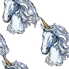Unicorn. Fairy-tale character. Watercolor, feather. Seamless pattern. Beautiful drawing for children.