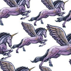Unicorn. Fairy-tale character. Watercolor, feather. Seamless pattern. Beautiful drawing for children.