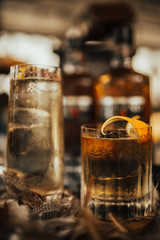 A close up shot of whisky cocktails with ice cubes. Concept of fine alcohol, beverage and cocktails.
