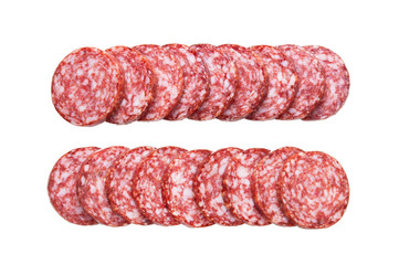 Top view of sliced sausage salami isolated on white background.