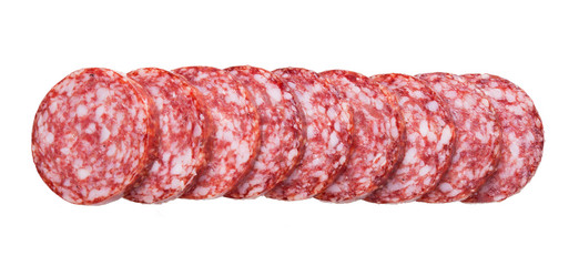 Top view of sliced sausage salami isolated on white background.