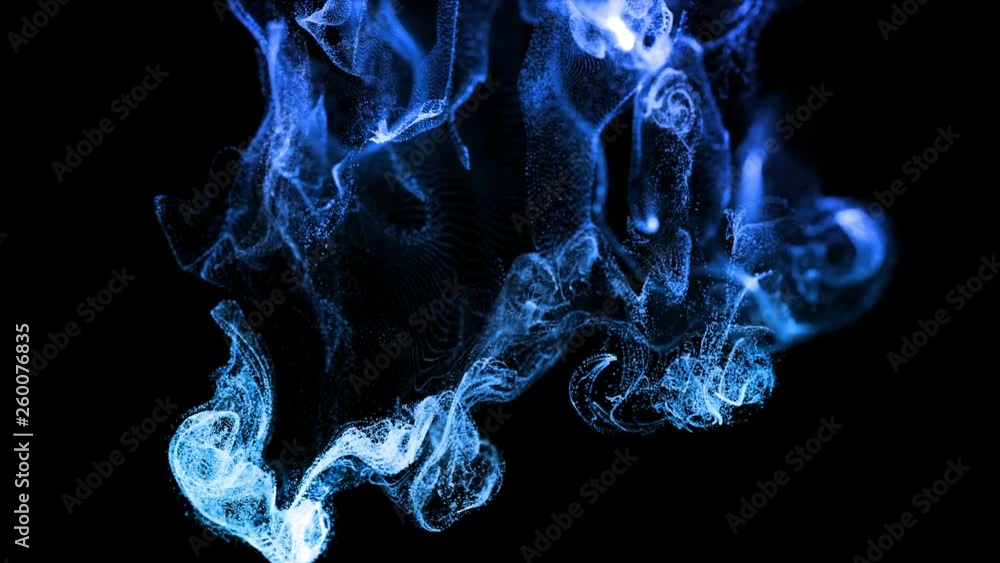 Poster 4k glow particles move in a stream of liquid in front of the camera in slow motion. 3d ink effect fo