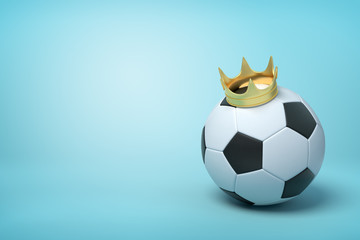 3d rendering of a football wearing a golden crown on light blue background.