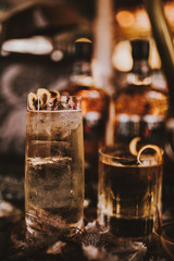 A close up shot of whisky cocktails with ice cubes. Concept of fine alcohol, beverage and cocktails.