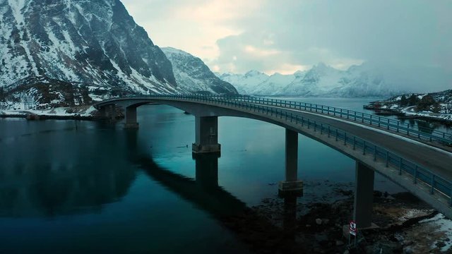 Winter aerial with a bridge in the Lofoten Islands, Norway