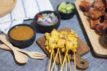 Pork satay eating with your peanut sauce