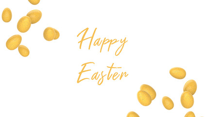 Flying Yellow speckled Easter Eggs on a white background. Happy Easter. Realistic 3d render.