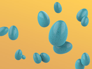 Blue speckled Easter Eggs Flying on a orange gradient background. Realistic 3d render.
