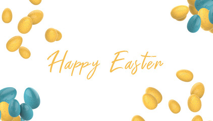 Yellow and Blue speckled Easter Eggs Flying on a white background. Realistic 3d render.