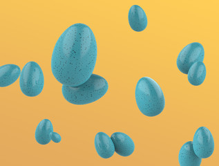 Blue speckled Easter Eggs Flying on a orange gradient background. Realistic 3d render.
