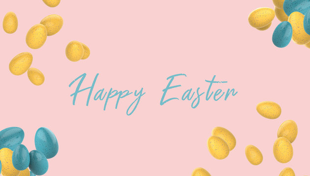 Blue and Yellow speckled Easter Eggs Flying on a pink gradient background. Happy Easter! Realistic 3d render.