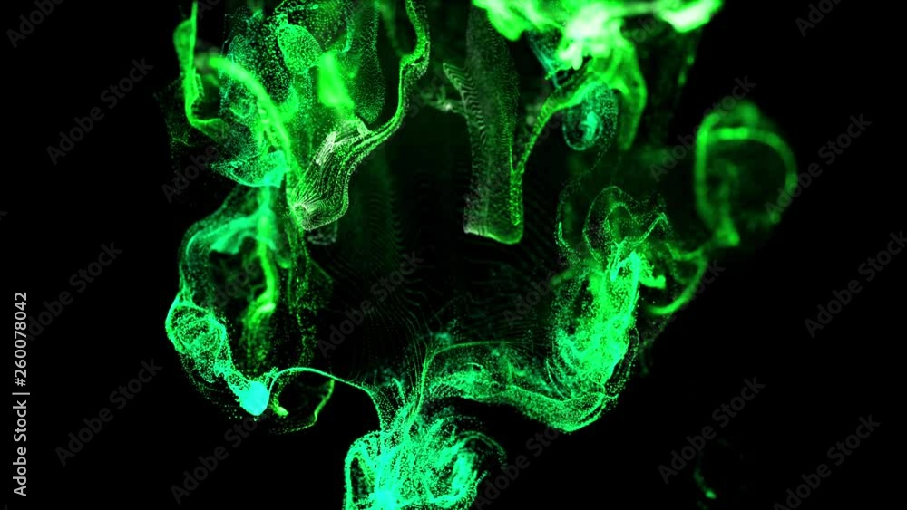 Poster 4k glow particles move in a stream of liquid in front of the camera in slow motion. 3d ink effect fo